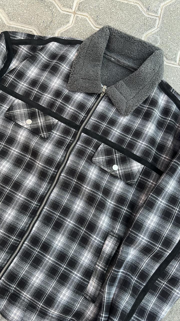 Black & White Plaid Flannel Jacket with Sherpa Collar & Stripe Detail | Streetwear Zip-Up
