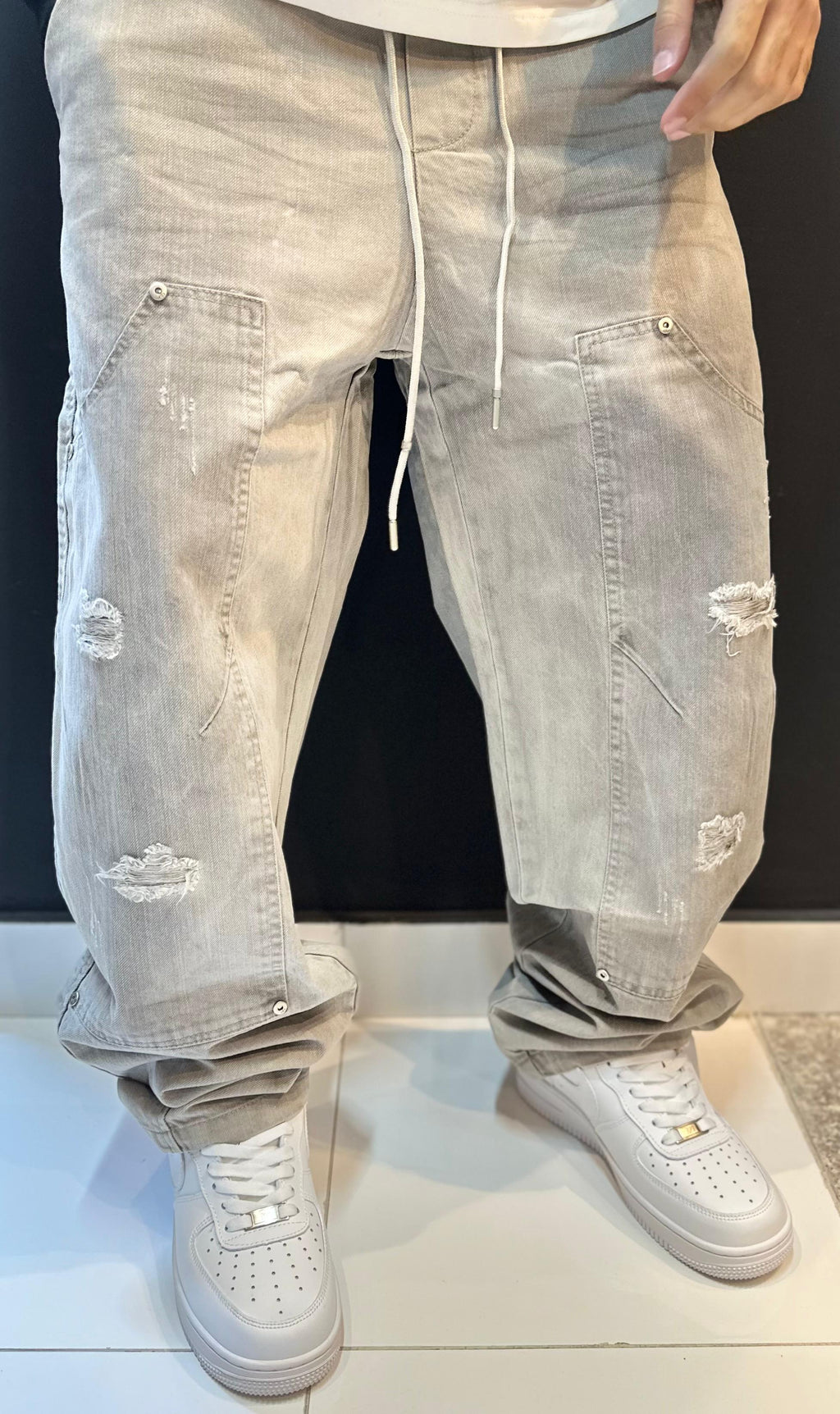 Light Grey Distressed Carpenter Trousers with Drawstring