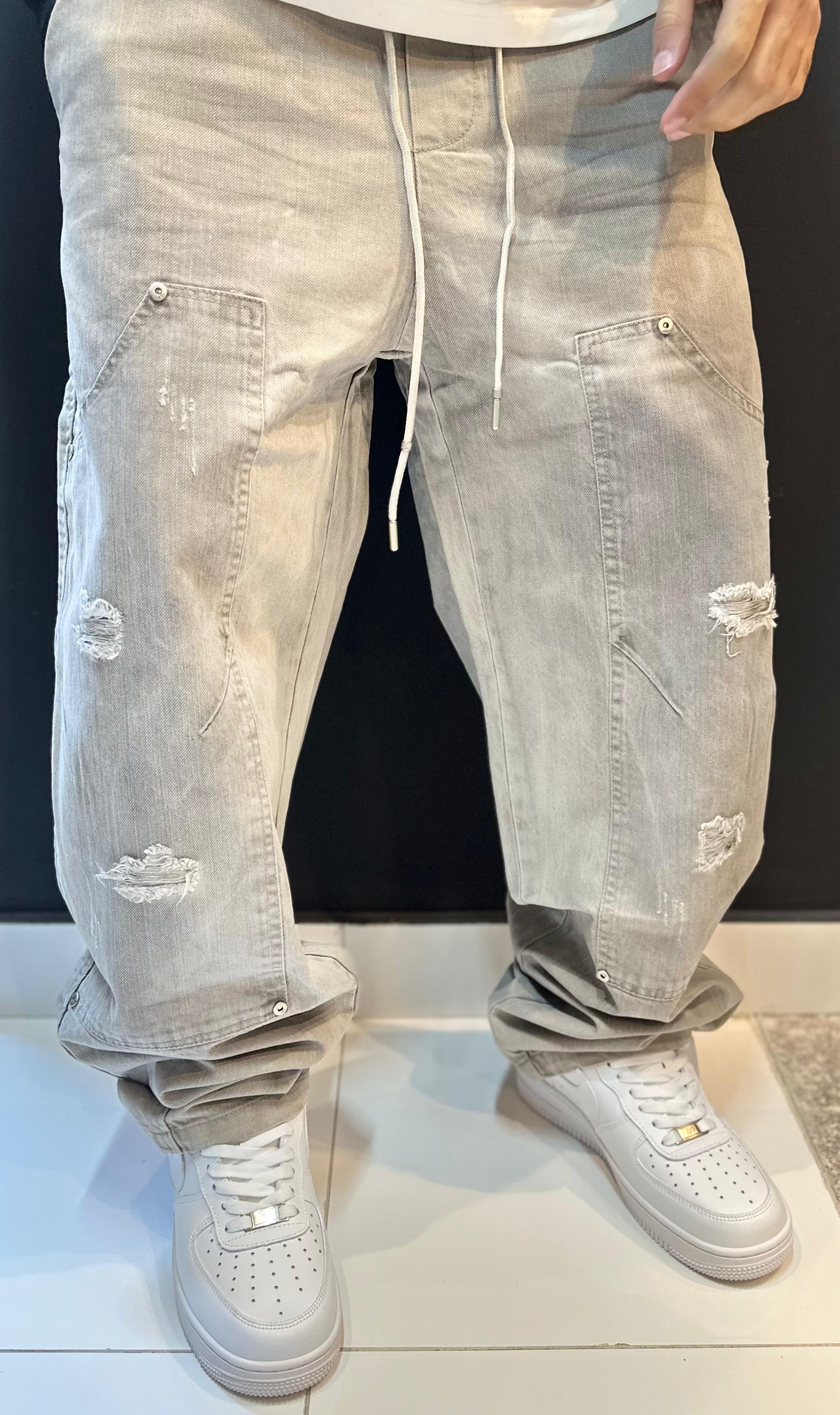 Light Grey Distressed Carpenter Trousers with Drawstring