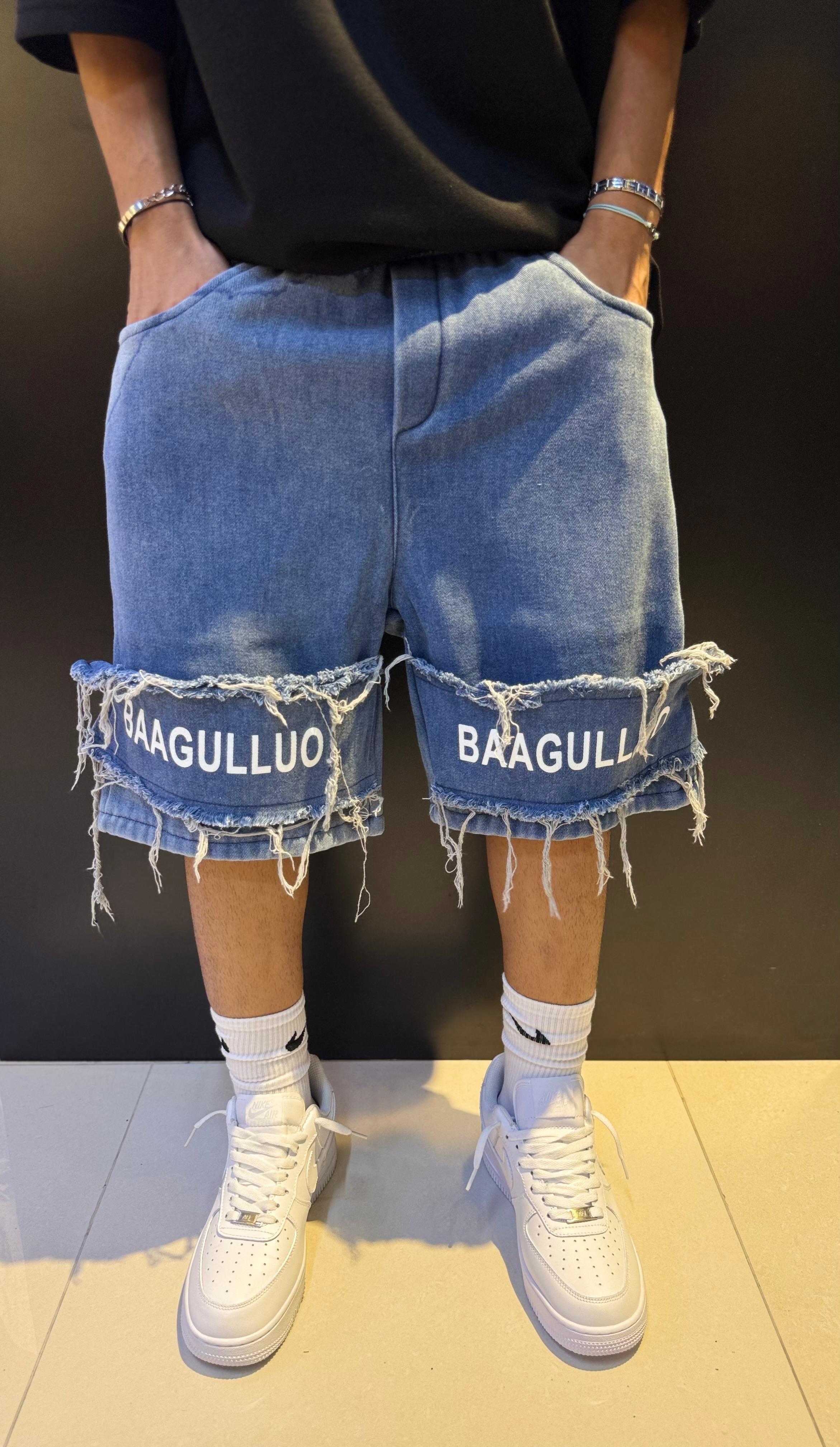 Blue Denim Shorts with Frayed Hems and "BAAGULLUO" Text