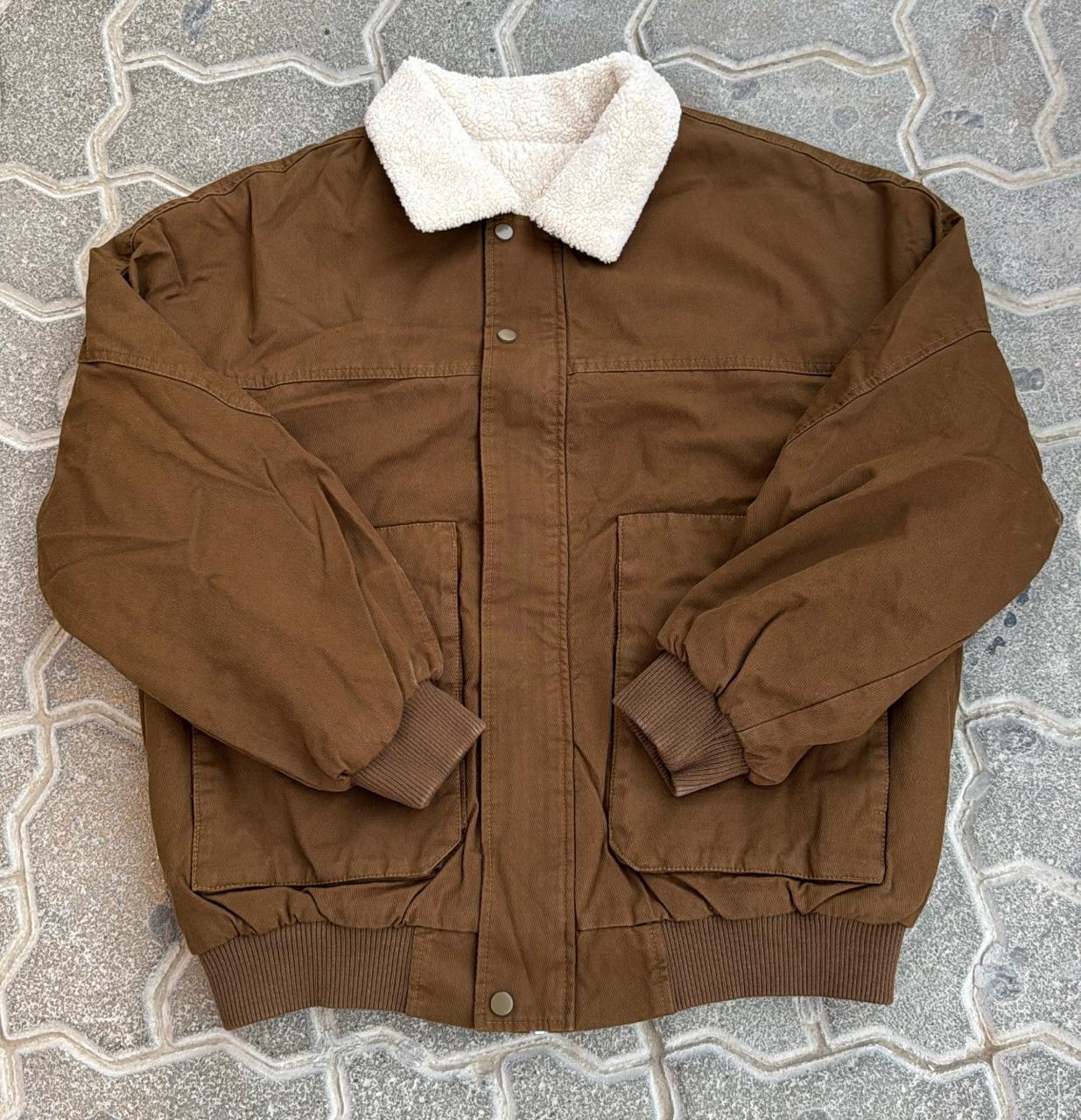 Earthy Brown Canvas Jacket with White Sherpa Collar | Oversized Vintage Workwear Bomber