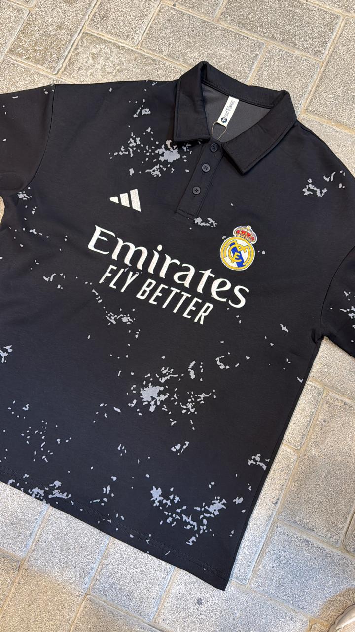 Real Madrid Black Polo Shirt - Emirates Sponsor Logo & Grey Splatter Pattern