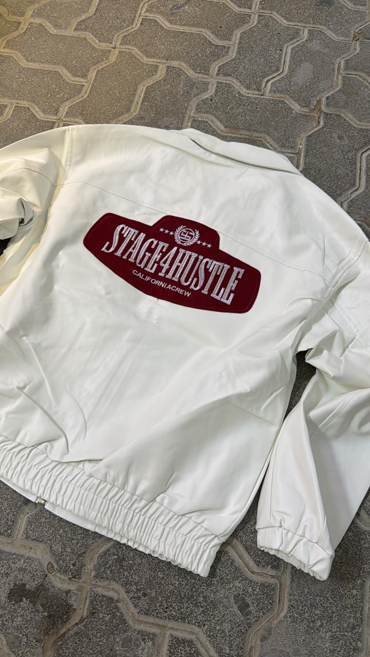 White Faux Leather Racing Jacket with Patches | Embroidered Red "4" & "Club SKA" Logos | Y2K Streetwear