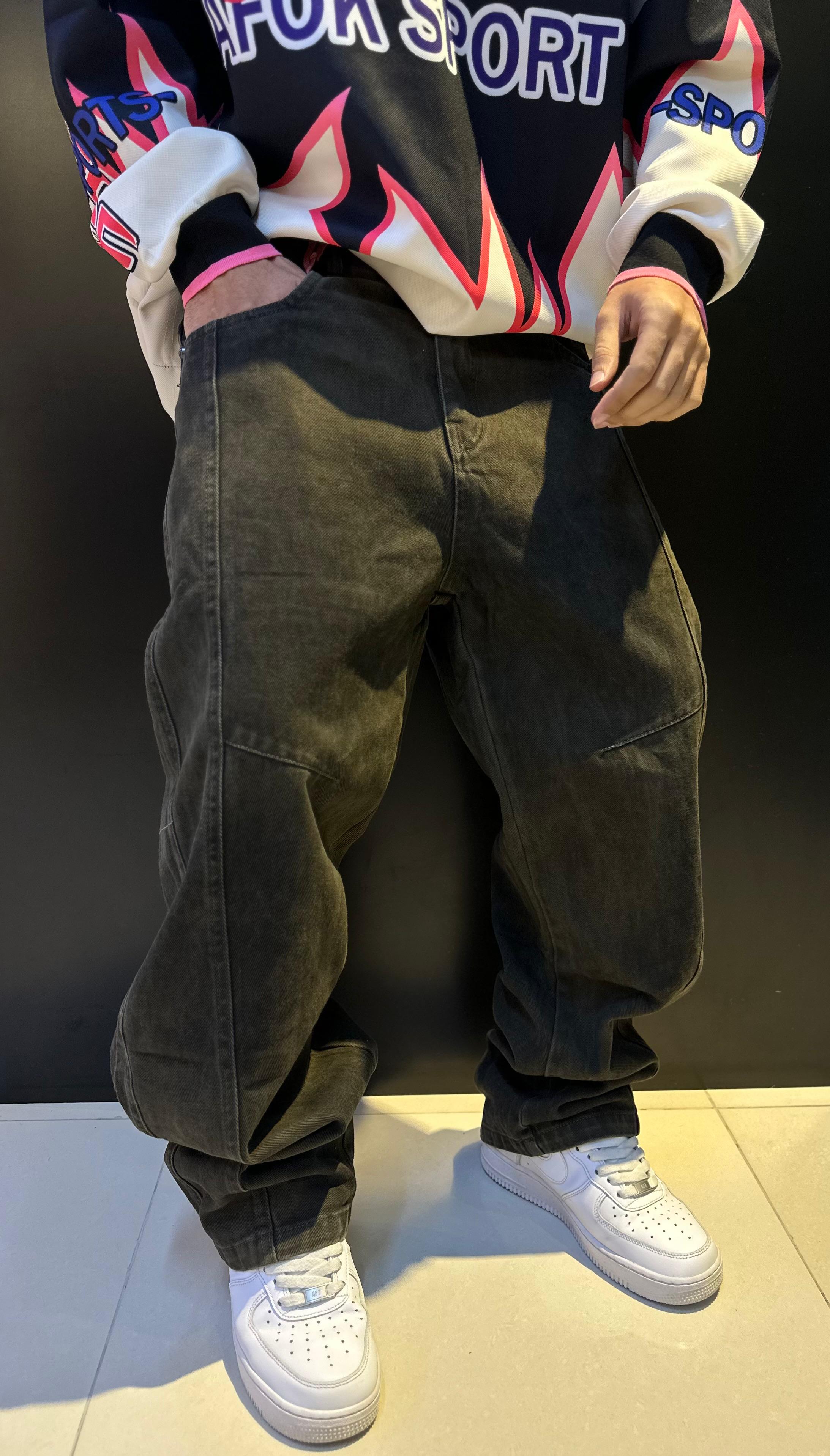 Dark Charcoal Baggy Denim Carpenter-Style Jeans