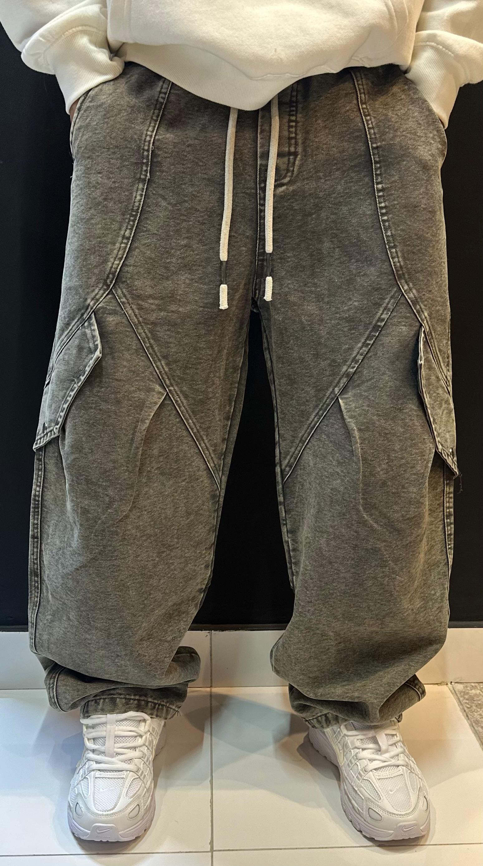 Washed Grey Baggy Cargo Denim Pants