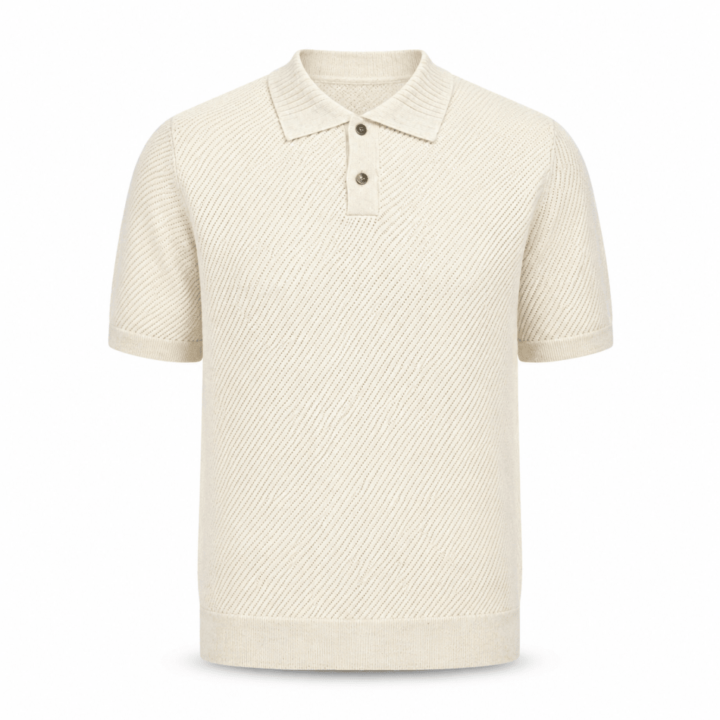 Cream Jacquard Knit Polo Shirt – Tonal Logo & Chest Pocket Short Sleeve - Shirts - Darkdxb