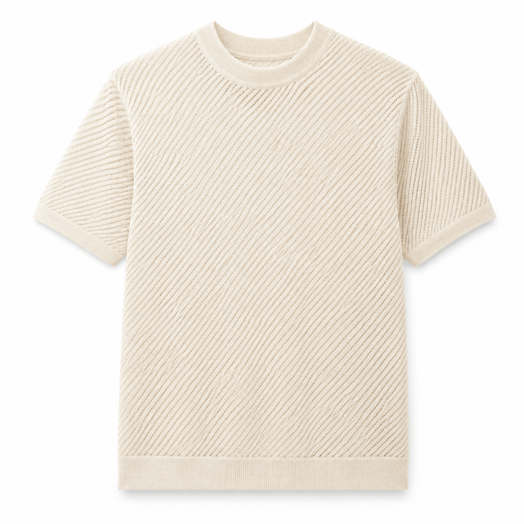 Cream Open-Knit Mesh Crew Neck T-Shirt – Short Sleeve - Shirts - Darkdxb