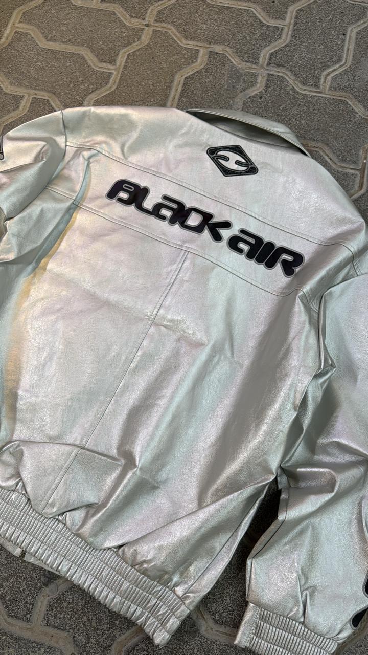 Iridescent Silver Faux Leather Racing Jacket | Black "BLACK AIR" Graphic Print | Metallic Streetwear Bomber