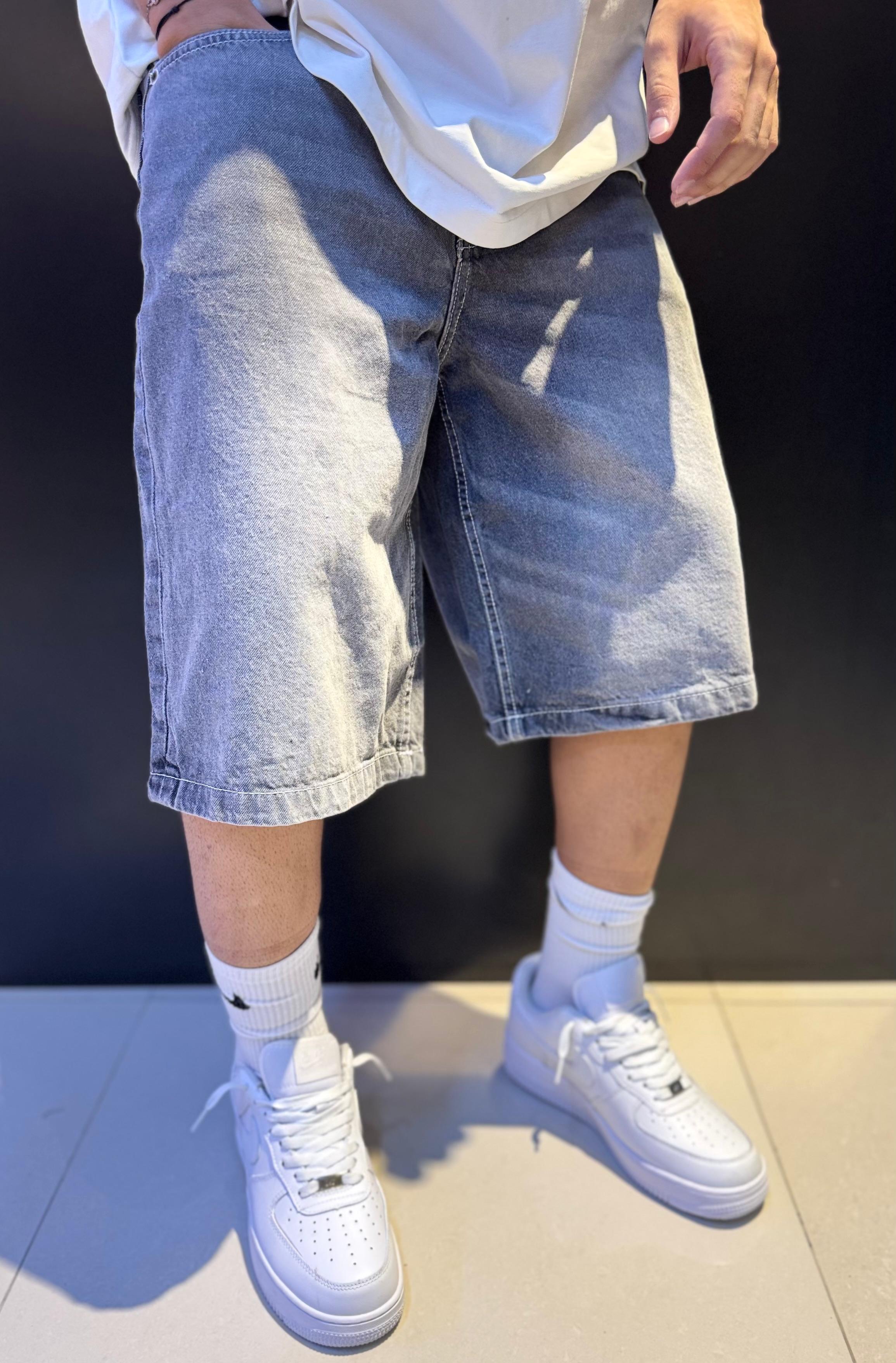 Washed Gray Baggy Denim Shorts