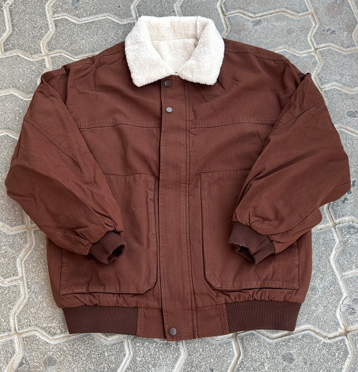 Vintage Brown Canvas Bomber Jacket with White Sherpa Collar | Oversized Fit | Workwear Style