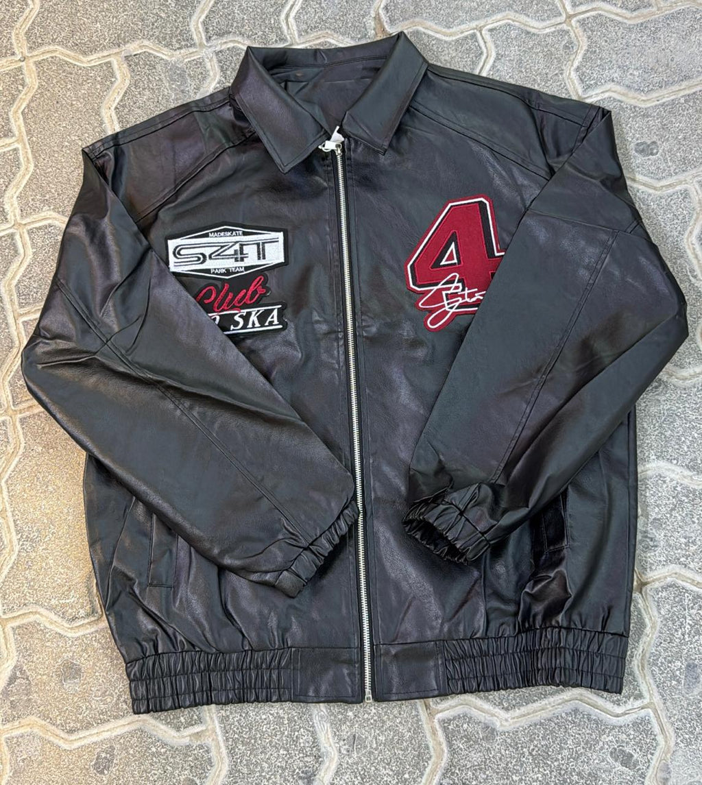 Black Faux Leather Racing Jacket with Patches | Embroidered Red "4" & "Club SKA" Logos | Streetwear Bomber