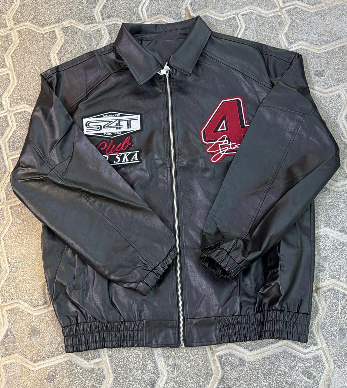 Black Faux Leather Racing Jacket with Patches | Embroidered Red "4" & "Club SKA" Logos | Streetwear Bomber