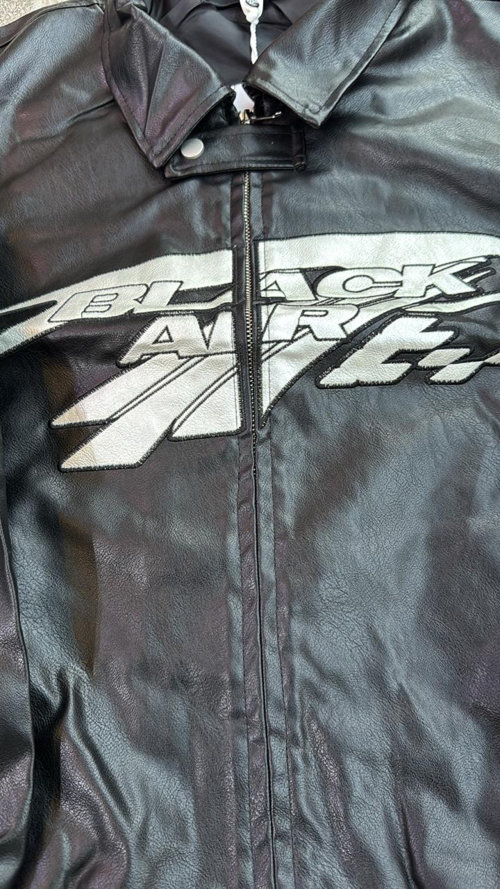 Black Faux Leather Racing Jacket | "BLACK AIR" Chest Graphic | Full-Zip Streetwear Bomber