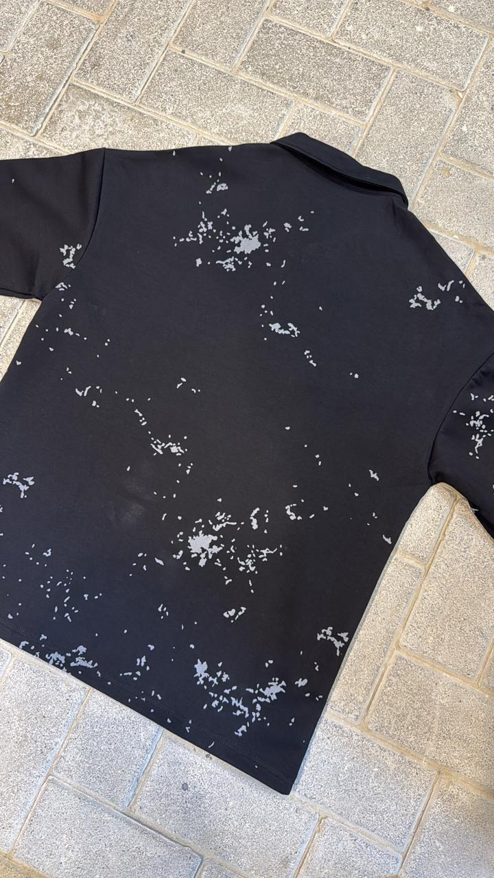 Real Madrid Black Polo Shirt - Emirates Sponsor Logo & Grey Splatter Pattern