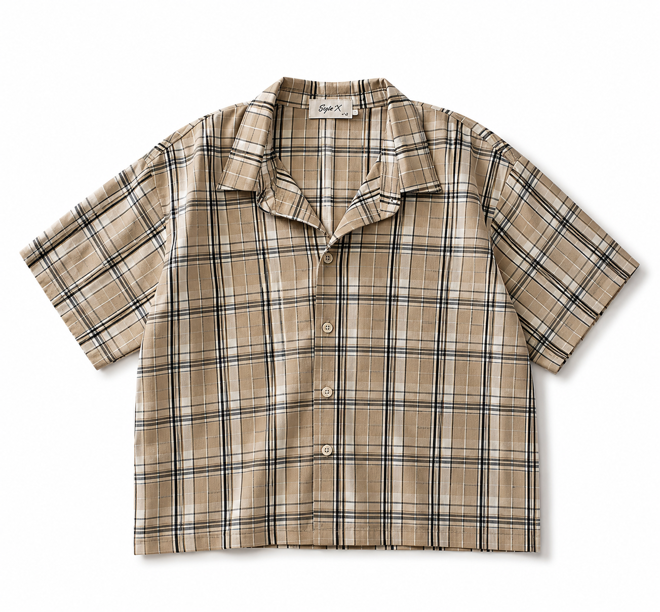 Men's Beige Plaid Short Sleeve Shirt – Relaxed Fit Casual Button-Up