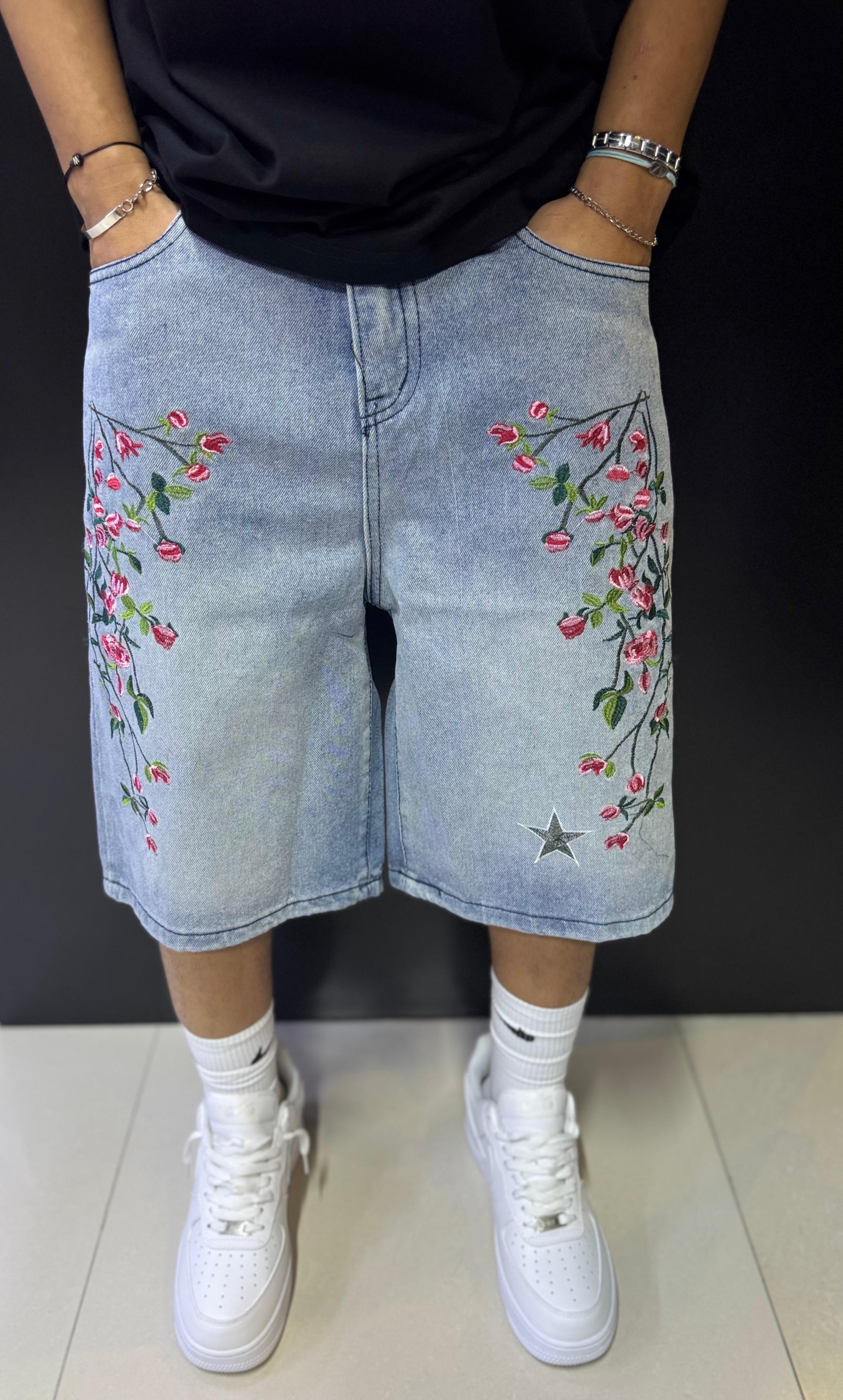 Men's Light Wash Denim Shorts with Floral & Star Embroidery
