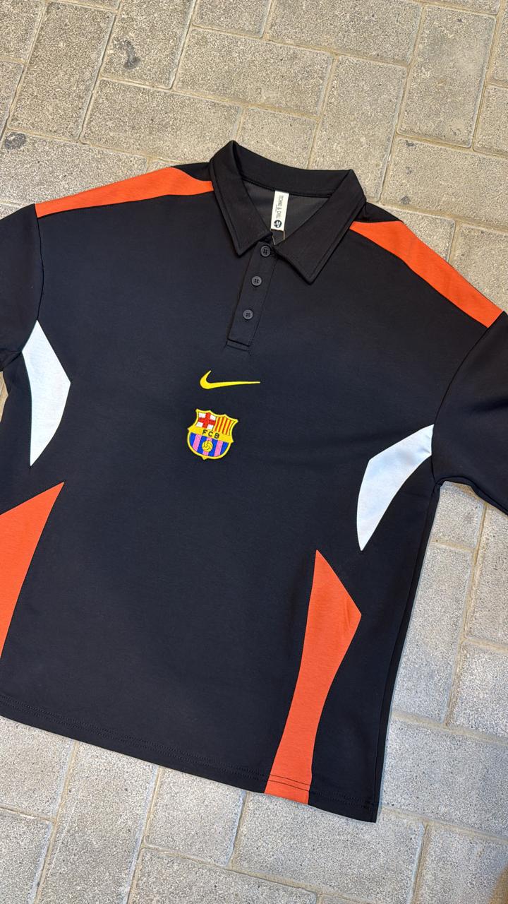 FC Barcelona Nike Oversized Polo Shirt - Black, Orange & White Panel Design