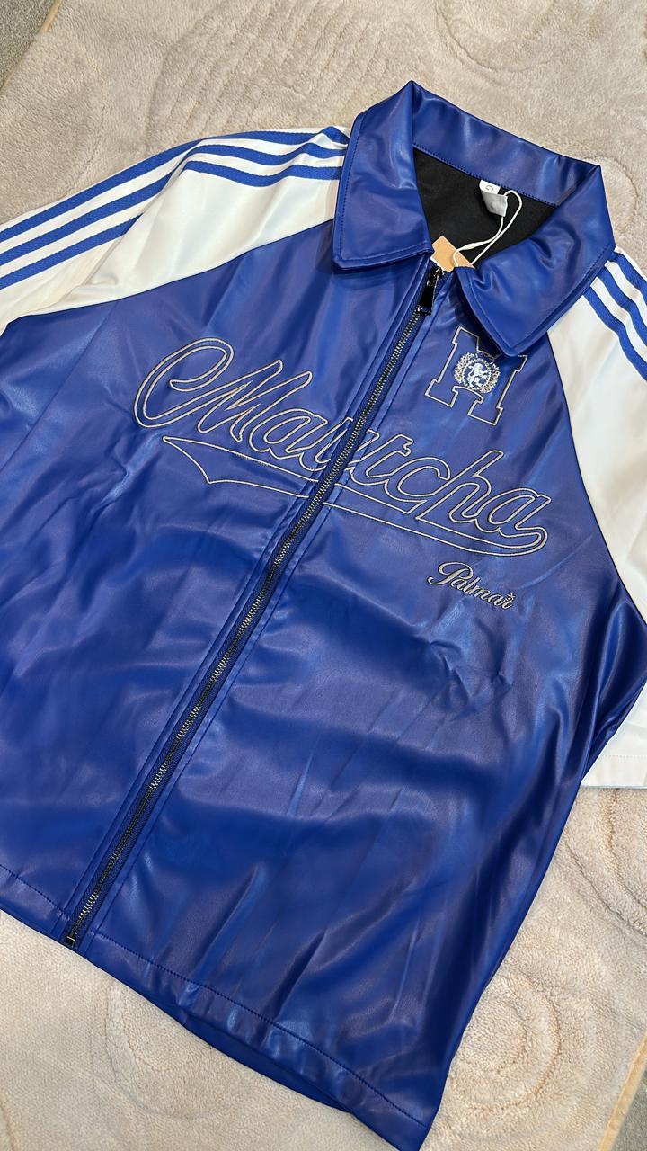 Maricha Palmar Blue Faux Leather Short-Sleeve Zip-Up Jacket | Striped Sporty Collar Top