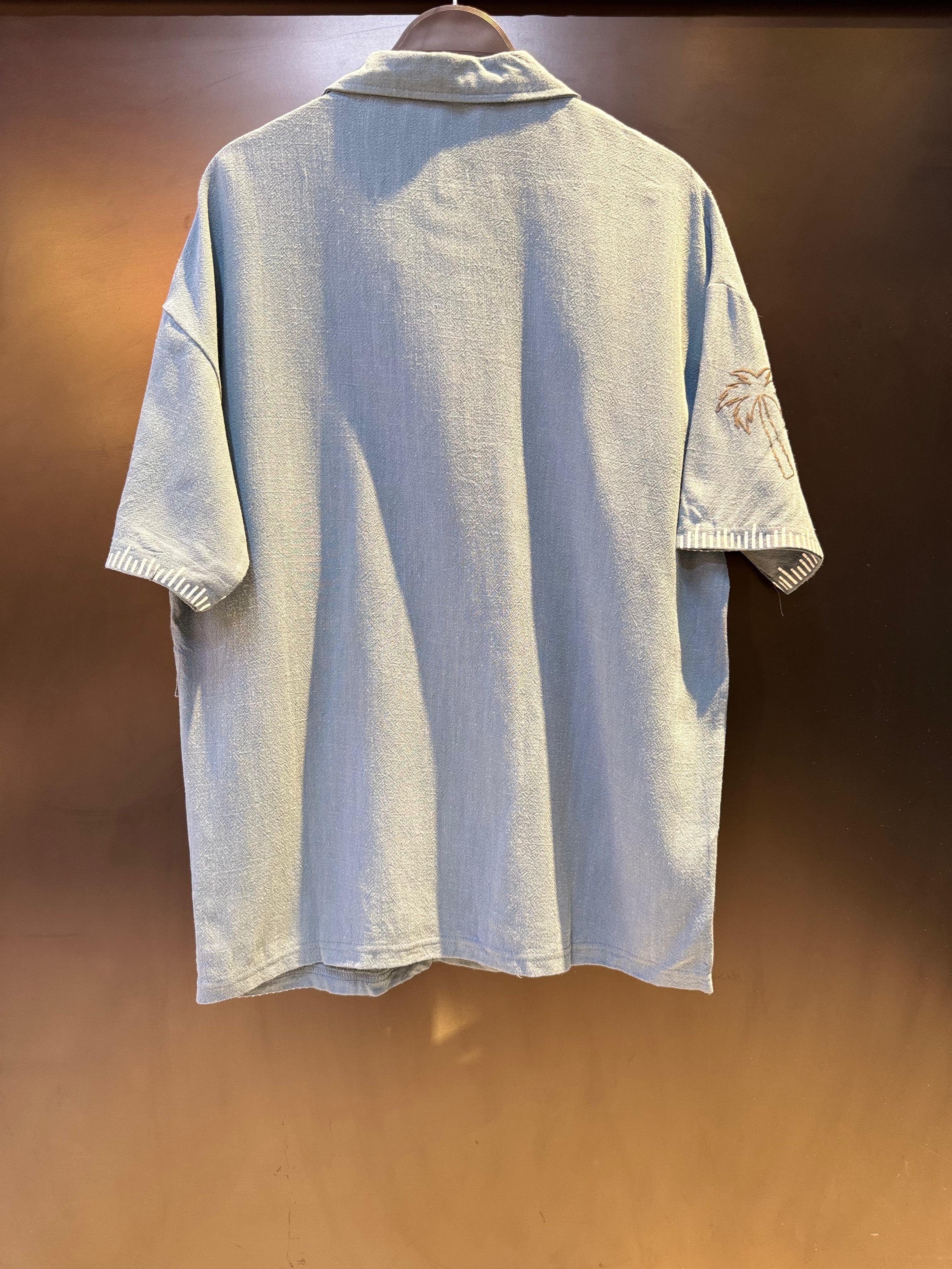 Blue-Grey Short-Sleeved Camp Collar Shirt with Summer Graphics