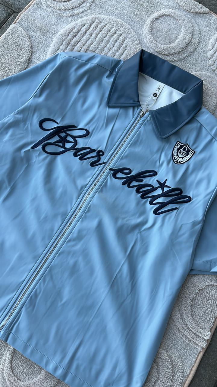 Light Blue Full-Zip Bowling Shirt Style Top | "Bar ekall" Script Graphic with Contrast Collar