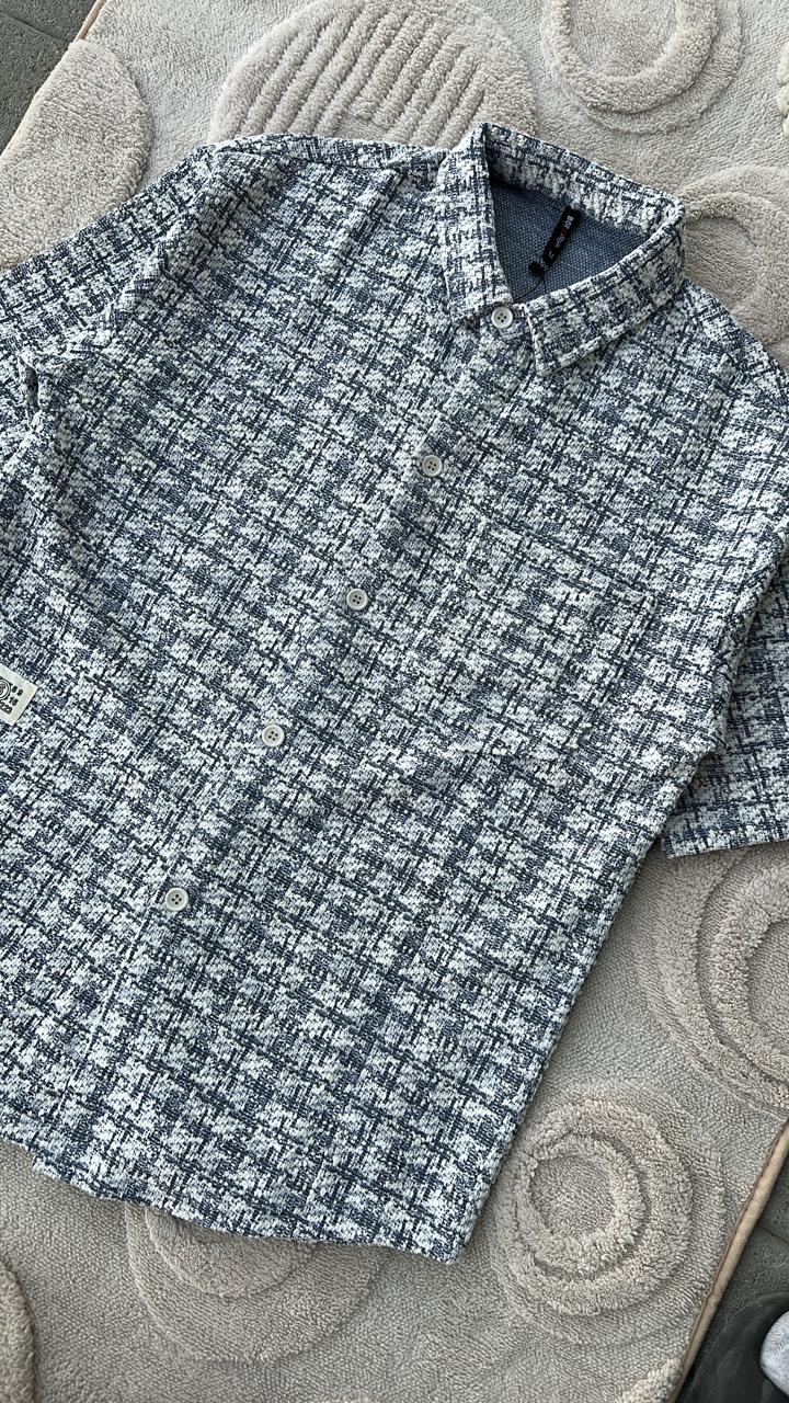 Navy & White Bouclé-Knit Short Sleeve Shirt | Textured Plaid Button-Down