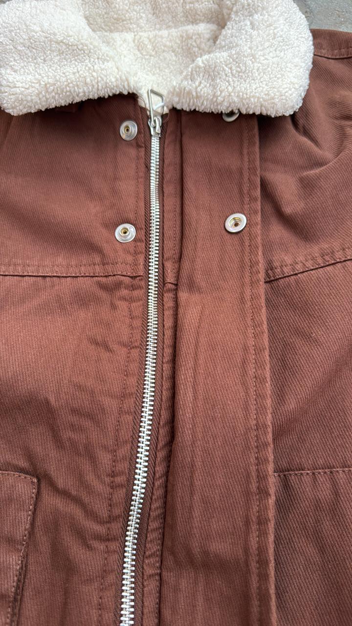 Vintage Brown Canvas Bomber Jacket with White Sherpa Collar | Oversized Fit | Workwear Style