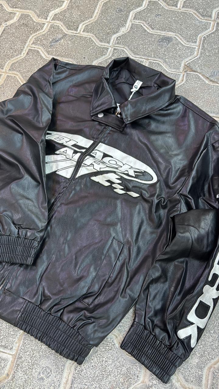 Black Faux Leather Racing Jacket | "BLACK AIR" Chest Graphic | Full-Zip Streetwear Bomber