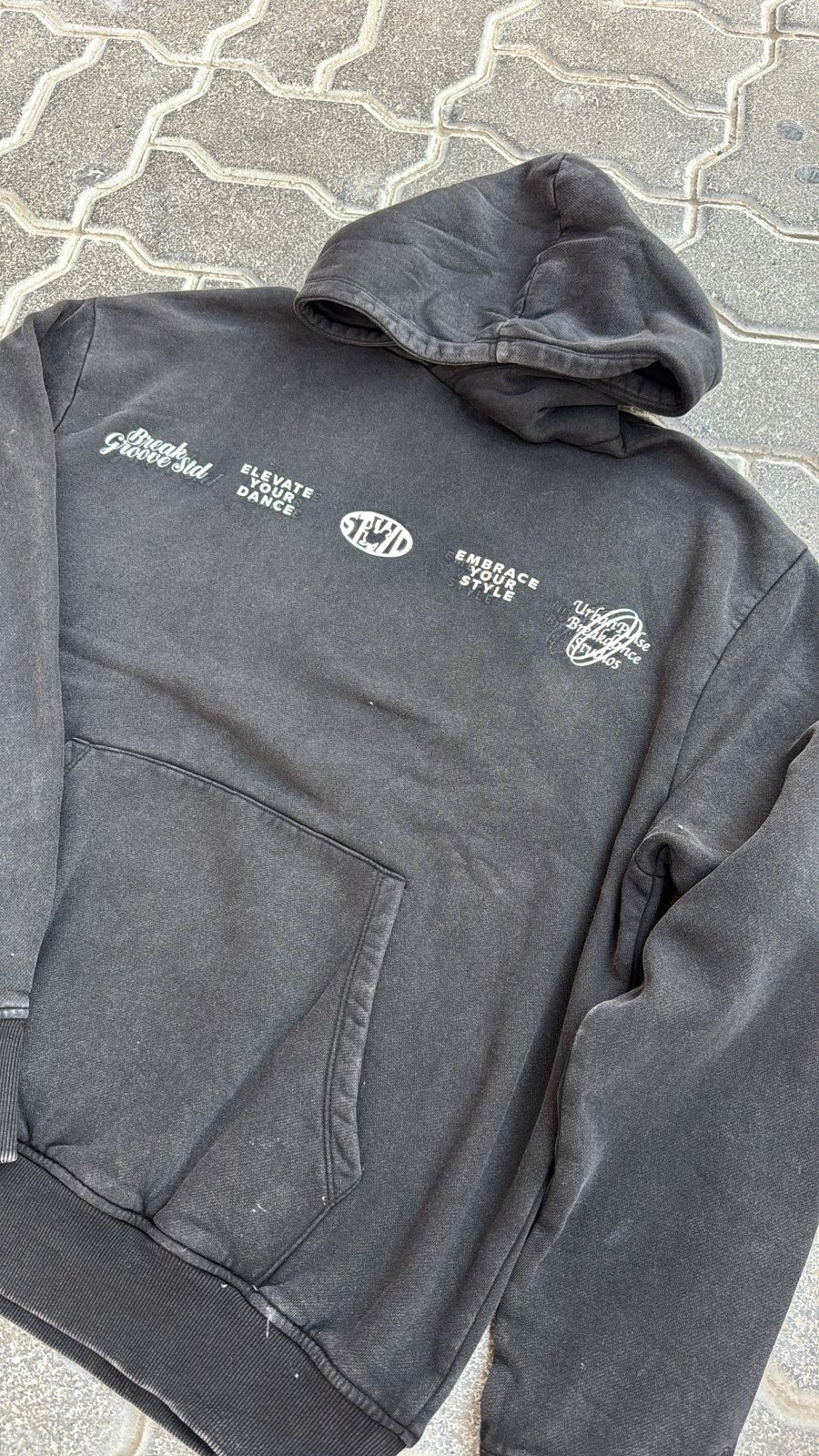 Vintage Faded Black Oversized Hoodie | Acid Wash Charcoal Pullover with Multiple Streetwear Graphics