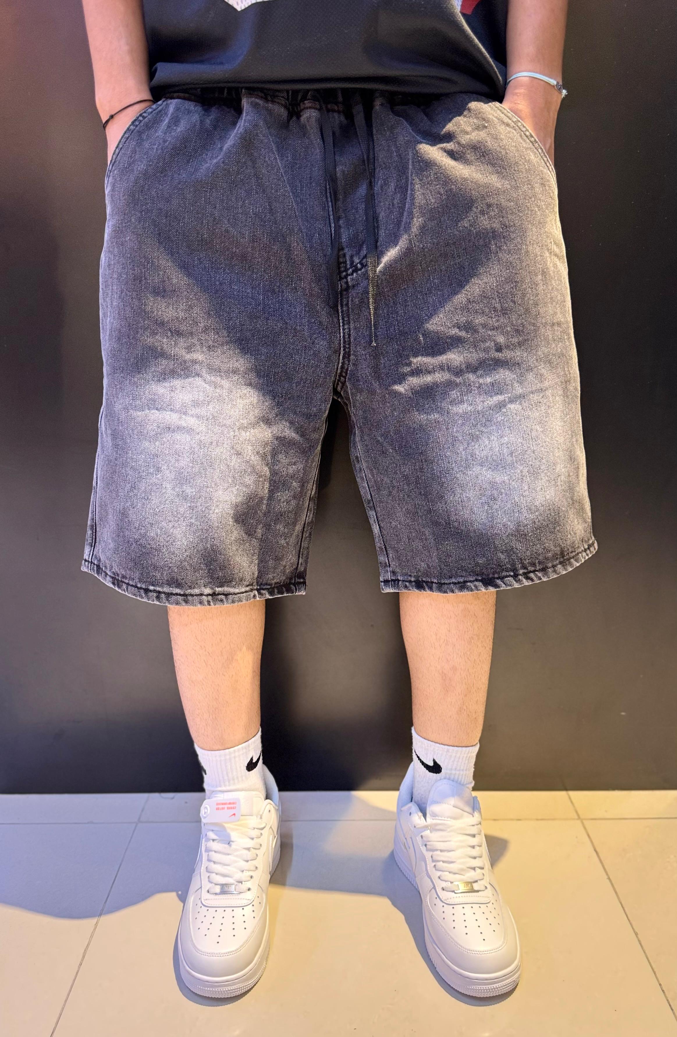 Oversized Washed Black Denim Shorts with Elastic Drawstring Waist