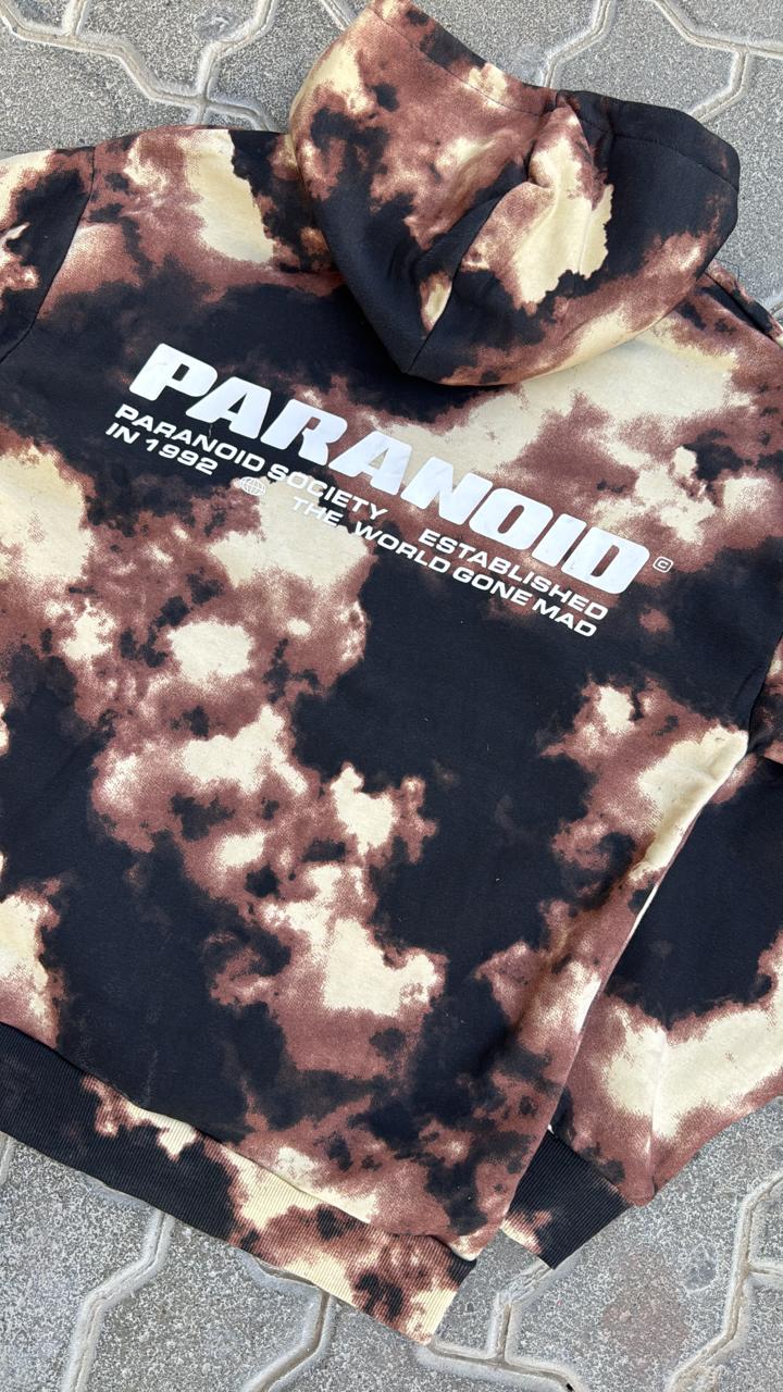 Bleach Tie-Dye Cloud Wash "PARANOID" Hoodie | Earth Tone Brown, Black, and Cream Graphic Sweatshirt