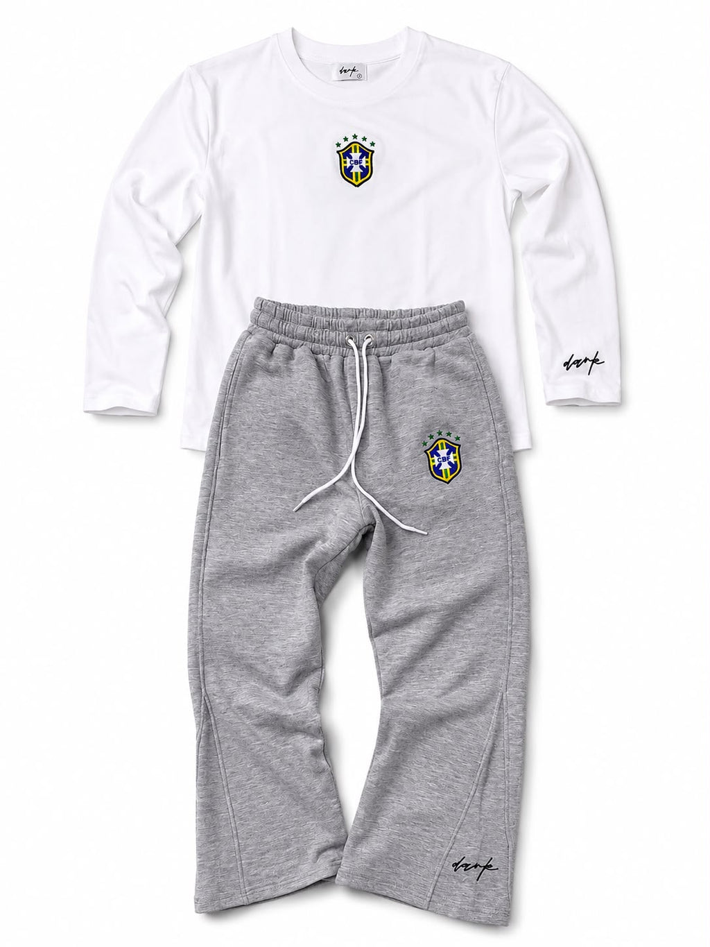 White Brazil Long-Sleeve T-Shirt & Grey Pants Set