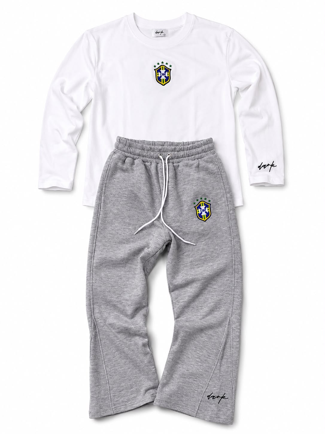 White Brazil Long-Sleeve T-Shirt & Grey Pants Set