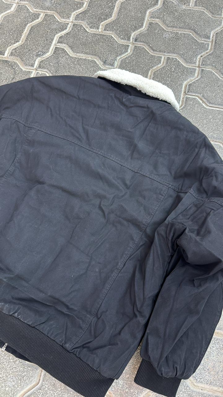 Black Canvas Bomber Jacket with White Sherpa/Fleece Collar