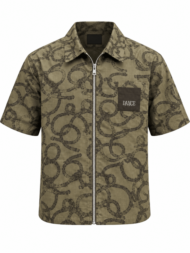 DANCE Chain Print Zip-Up Short Sleeve Shirt – Olive - Darkdxb