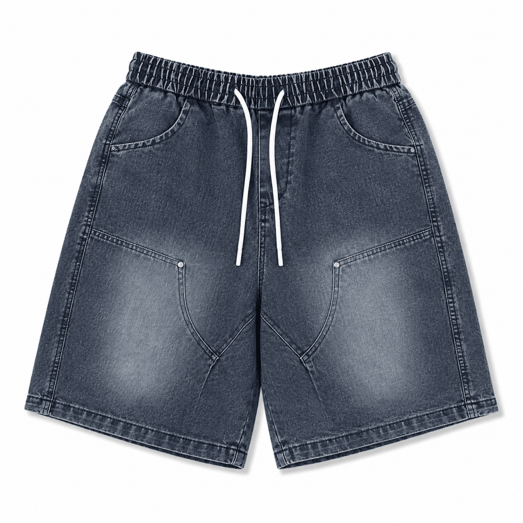 Dark Blue Washed Utility Denim Shorts – Relaxed Fit Streetwear Shorts - Darkdxb