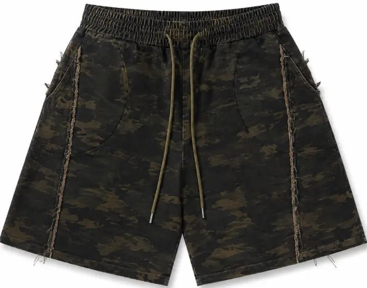 Dark Camo Raw-Edge Drawstring Shorts — Washed Edition - Shorts - Darkdxb