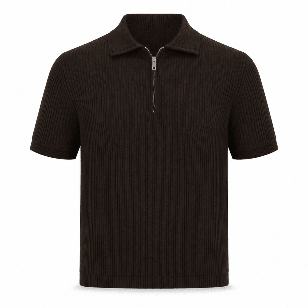 Dark Chocolate Brown Half-Zip Textured Knit Polo Shirt – Silver Zip Short Sleeve - Shirts - Darkdxb