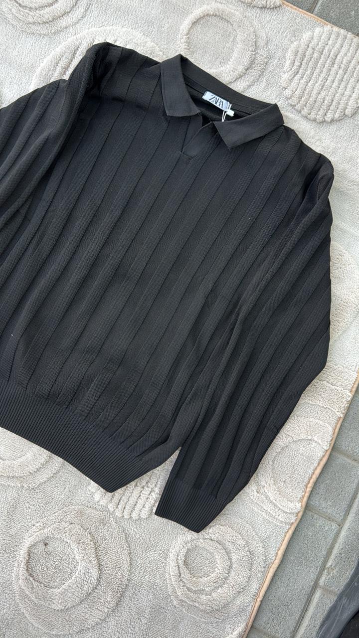 Zara Black Ribbed Knit Popover Polo Sweater | V-Neck Jumper