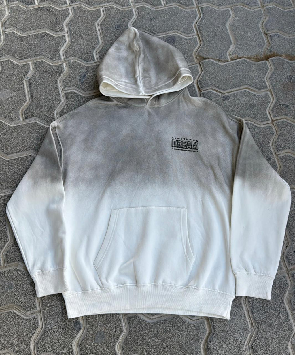 Oversized Tie-Dye Ombre Hoodie | Faded Grey/White Wash Sweatshirt with "DREAM" Graphic