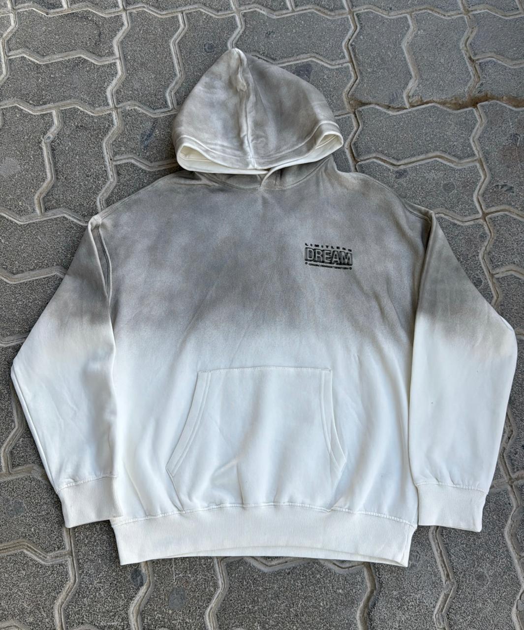 Oversized Tie-Dye Ombre Hoodie | Faded Grey/White Wash Sweatshirt with "DREAM" Graphic