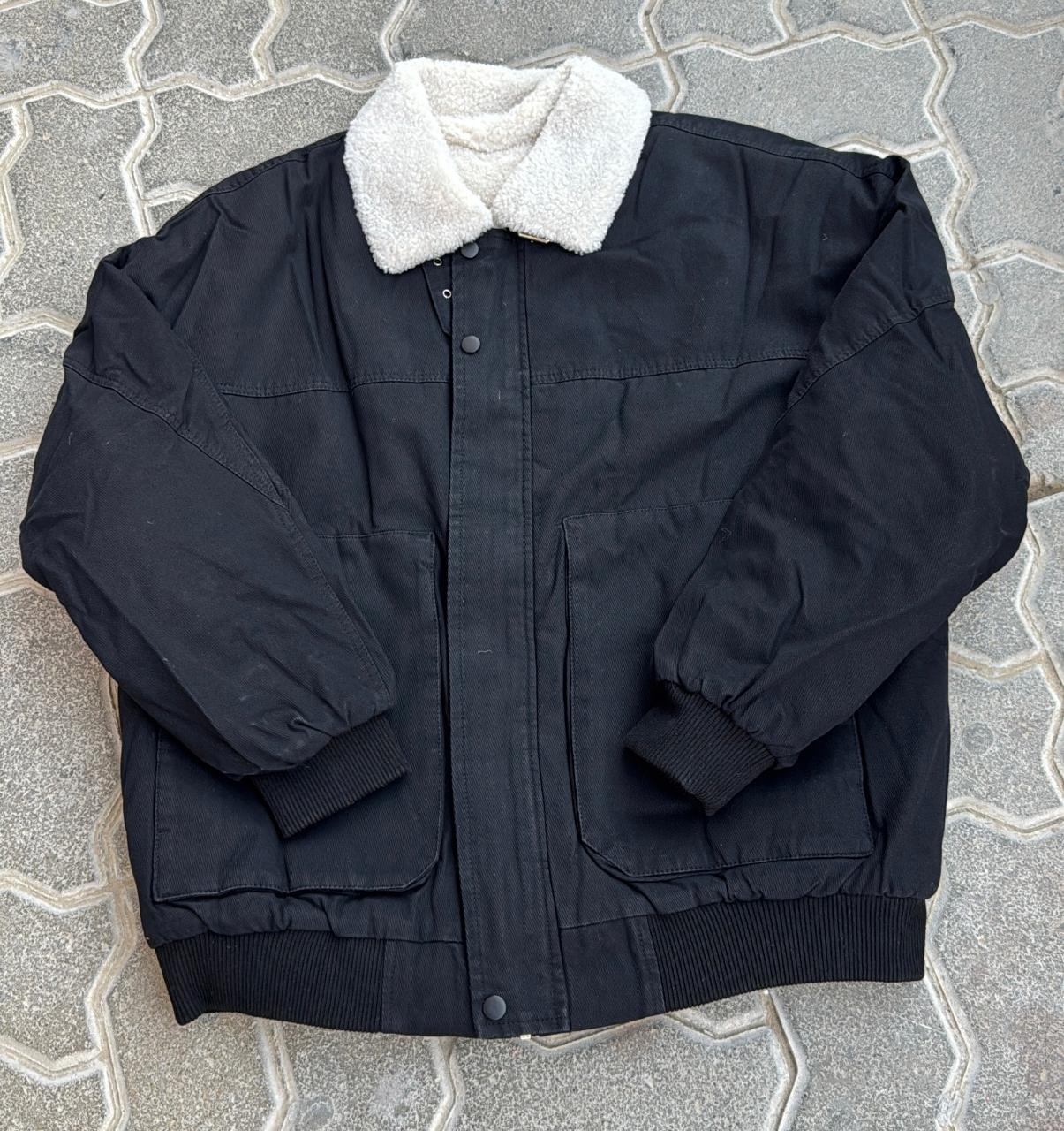 Black Canvas Bomber Jacket with White Sherpa/Fleece Collar