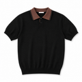 Black Knit Polo Shirt with Brown Collar