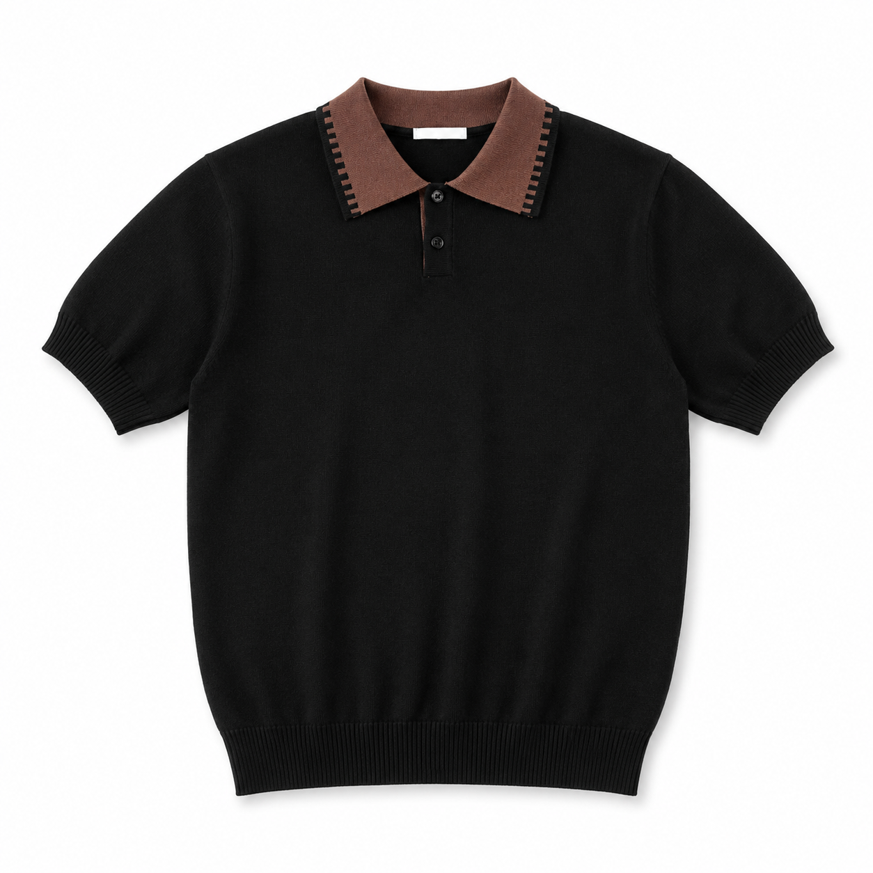 Black Knit Polo Shirt with Brown Collar