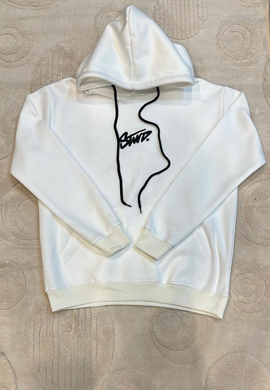 STWD. Logo White Pullover Hoodie - Clean Unisex Sweatshirt with Black Drawstrings