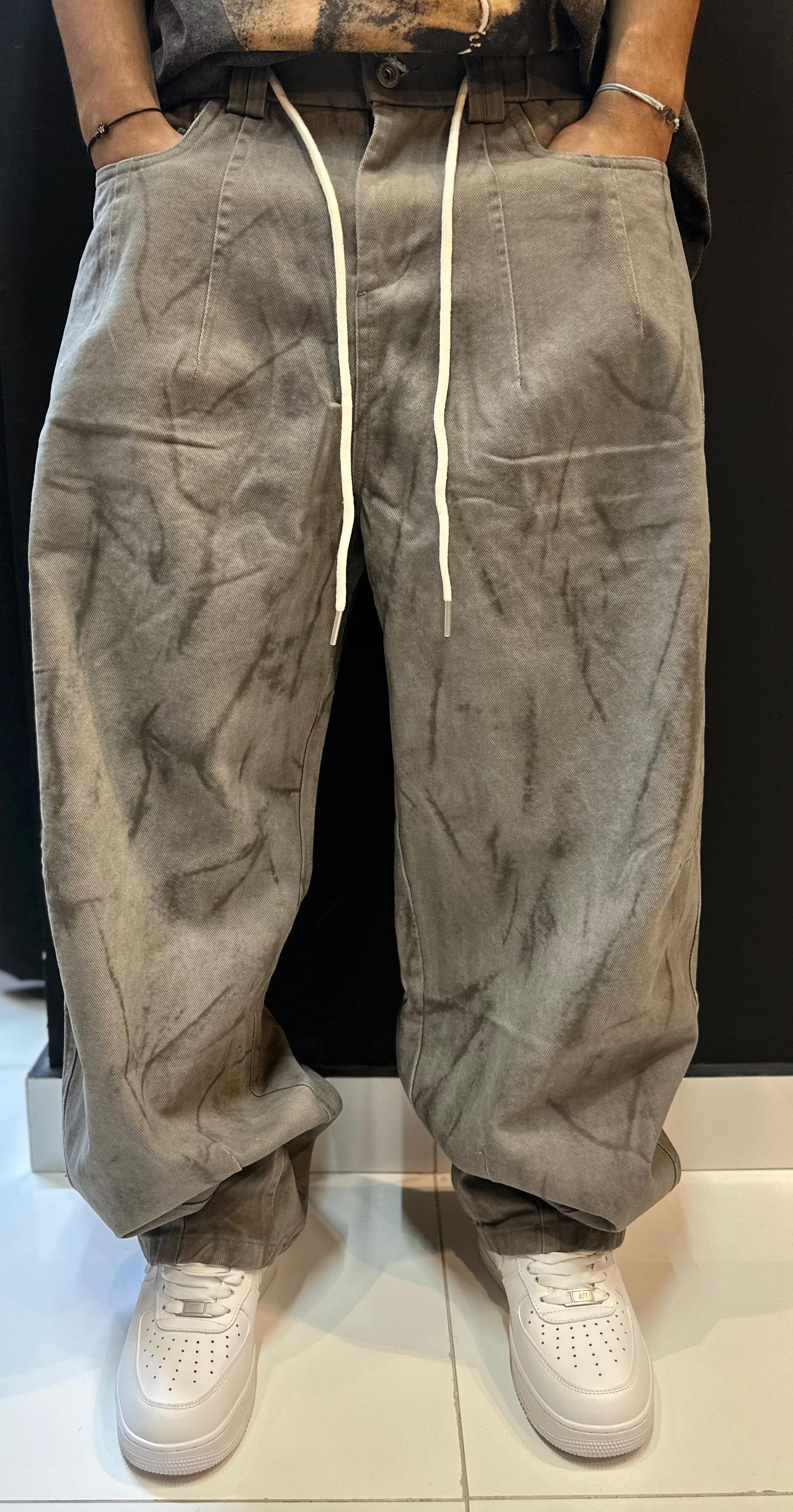 Washed Olive/Grey Baggy Trousers with Contrasting Drawstrings