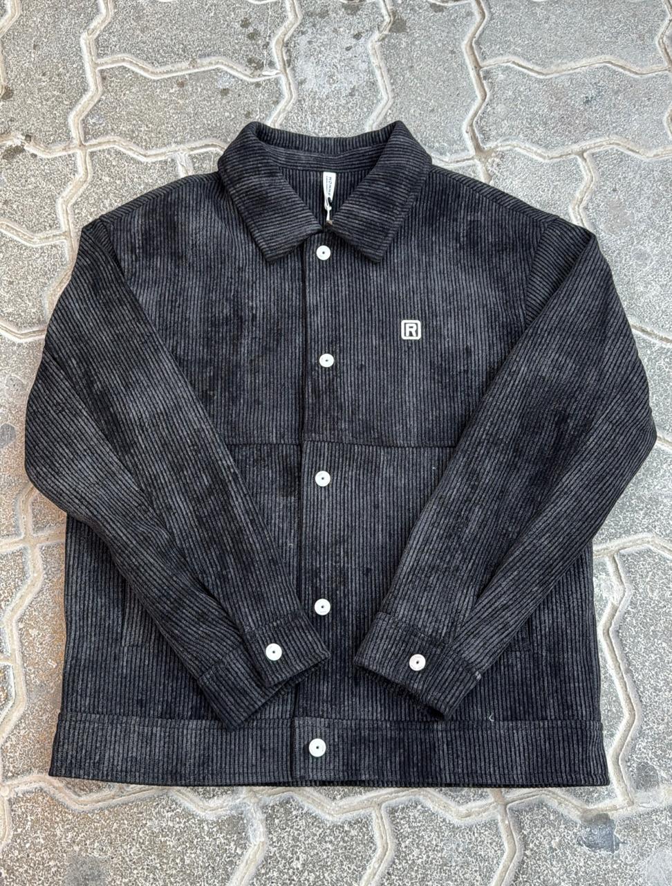 Vintage Wash Black Corduroy Chore Jacket with 'R' Logo