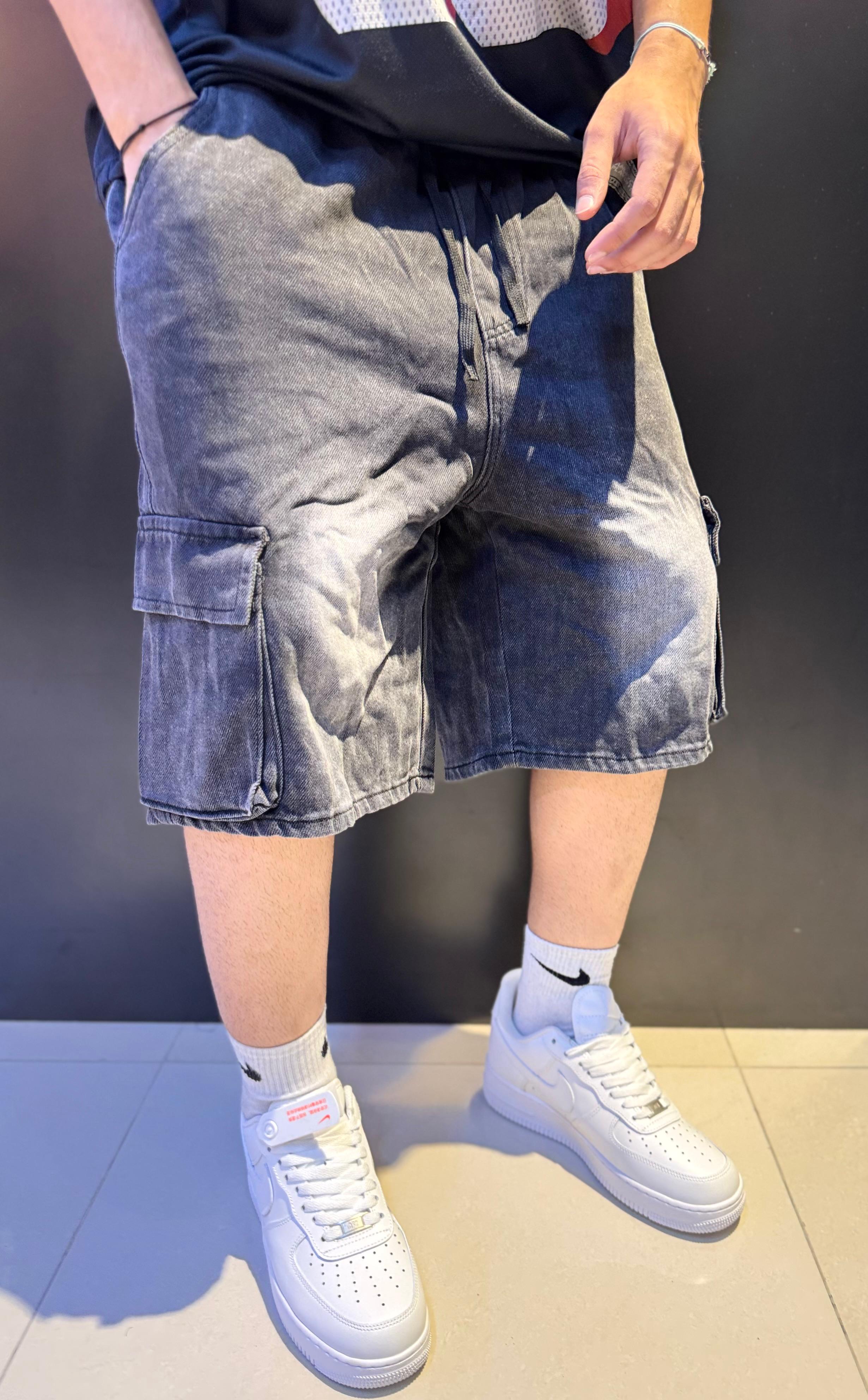 Washed Black Oversized Denim Cargo Shorts with Elastic Waist