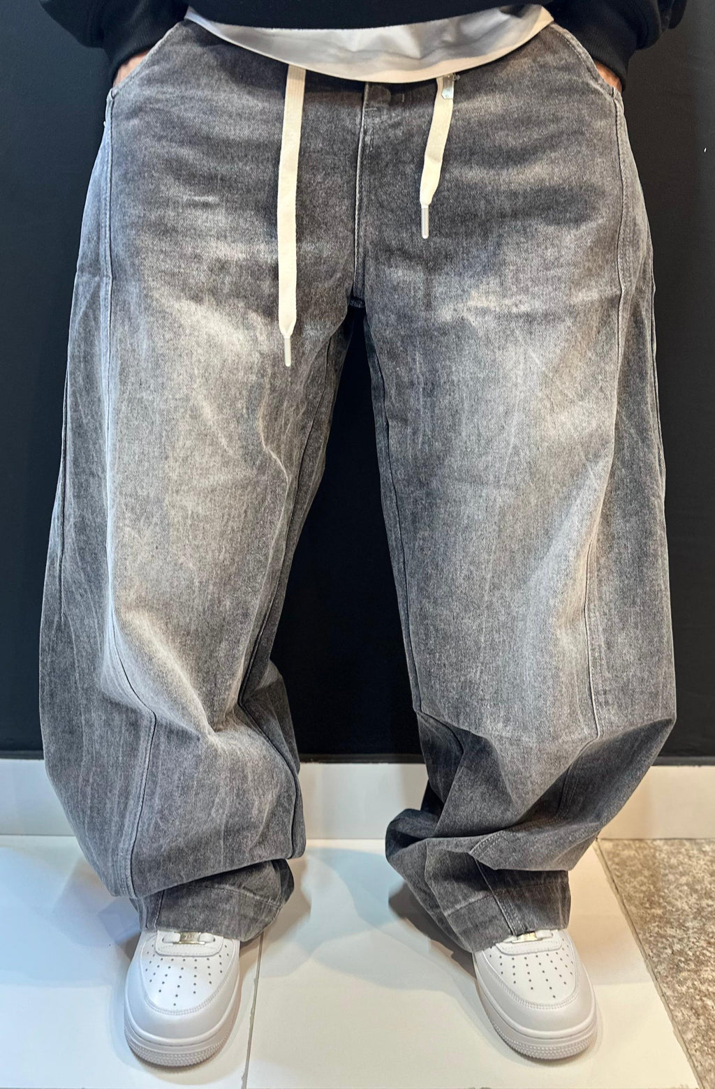 Washed Charcoal Baggy Drawstring Jeans