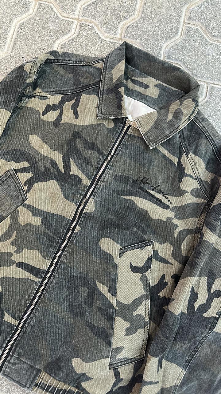 Camo Washed Denim Camouflage Full-Zip Harrington Jacket | Vintage-Style Bomber