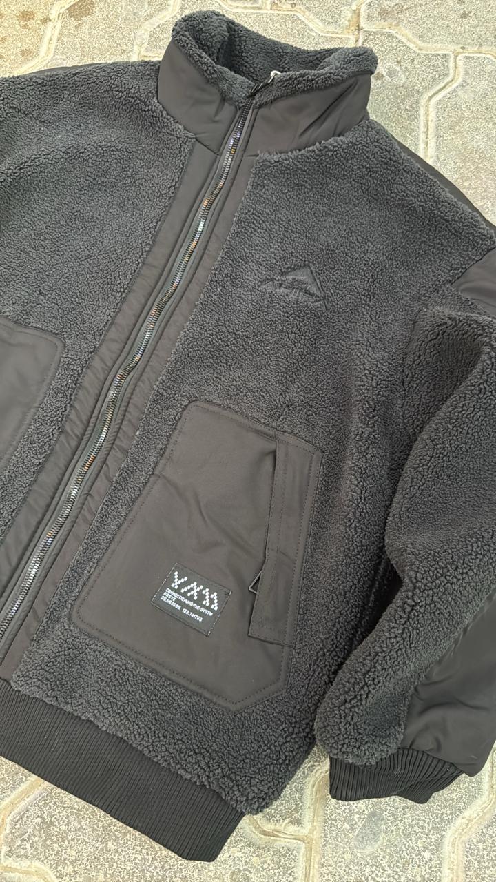 Black Sherpa Fleece Jacket with Utility Patch Pockets
